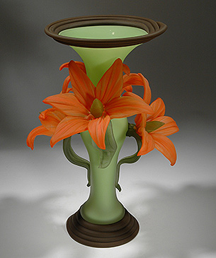 Flower Vase Chartreuse with Orange Lilies by Susan Rankin